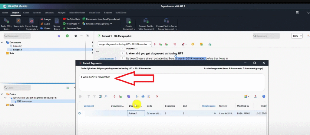 The participant quote supporting the code in MAXQDA
