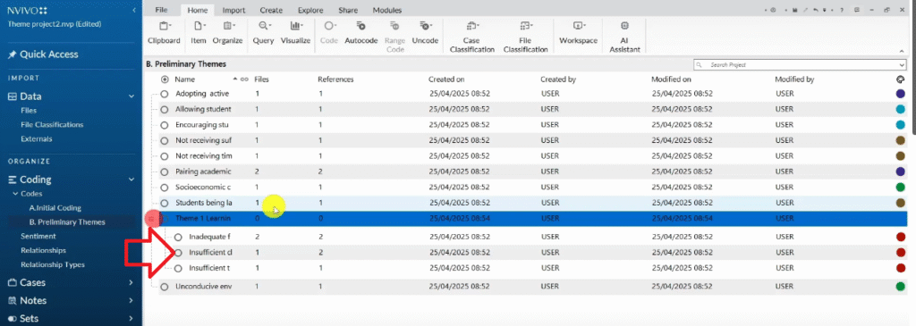 Codes being dragged and dropped into the theme folder showing relationship between initial codes and emerging themes