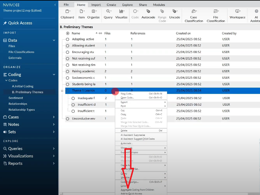 N-Vivo 15 displaying a code parent with an aggregate child code indicating that the child code includes content coded at the parent level
