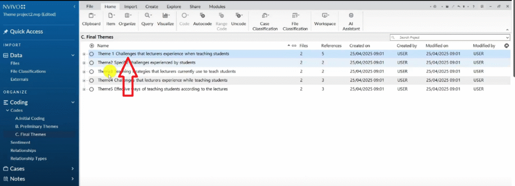 Final themes displayed in N-Vivo 15 displaying name, description, files and references