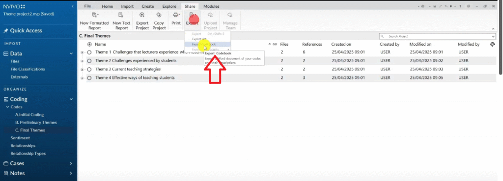 Export code book menu in N-Vivo 15