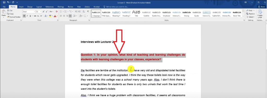 A question from an interview transcript highlighted in red