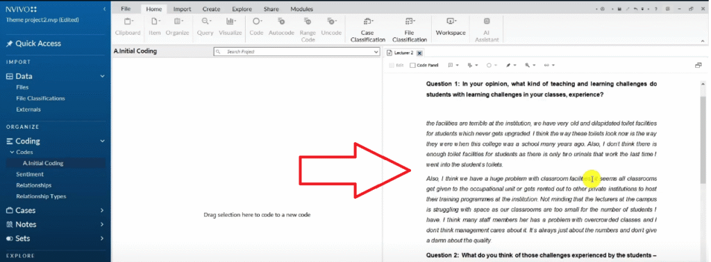 A transcript in N-Vivo 15 that is about to be coded