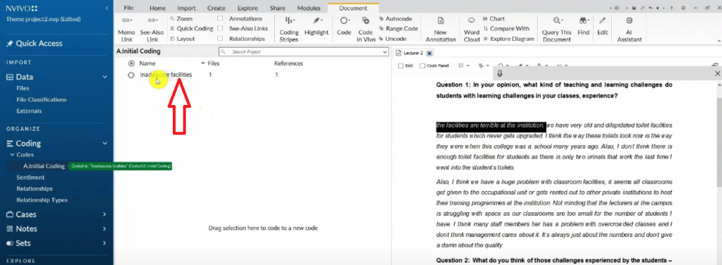 A created code in N-Vivo 15 from an interview transcript