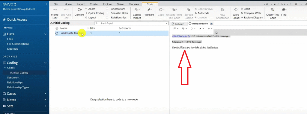 N-Vivo 15 showing quotes from participant interviews or the data source