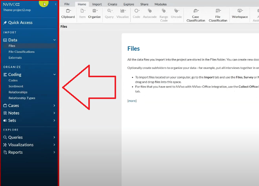 Left hand navigation menu in N-Vivo 15 showing file explorer