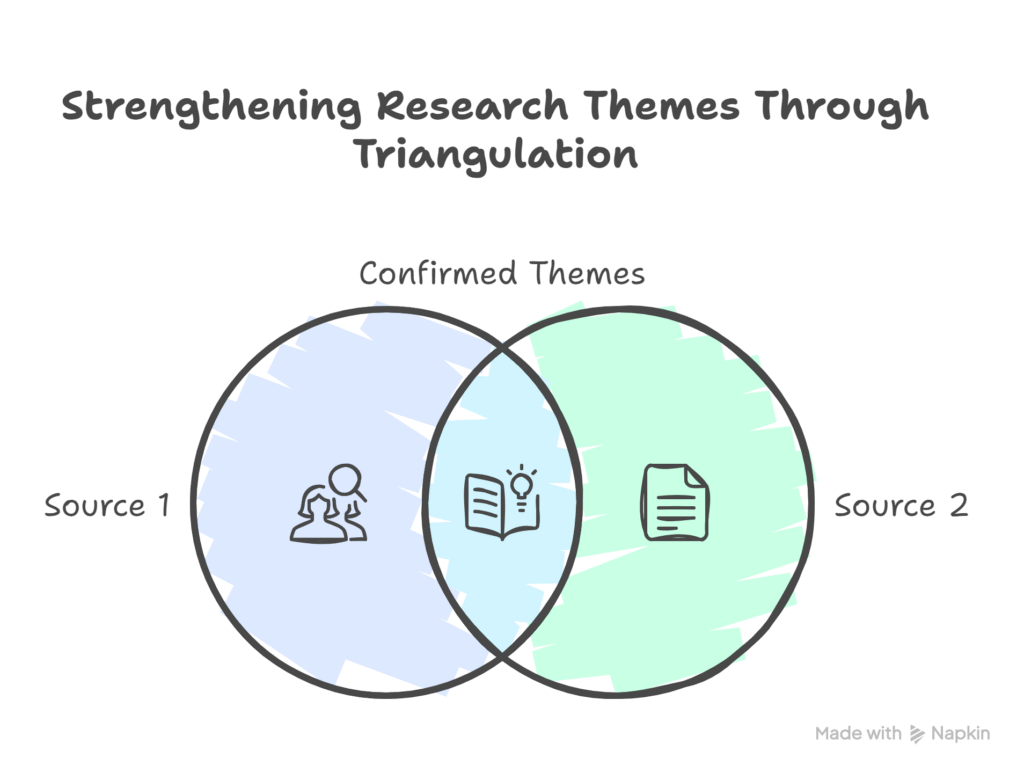 Triangulation strengthens research themes by comparing two sources as a strategy to validate findings in qualitative research