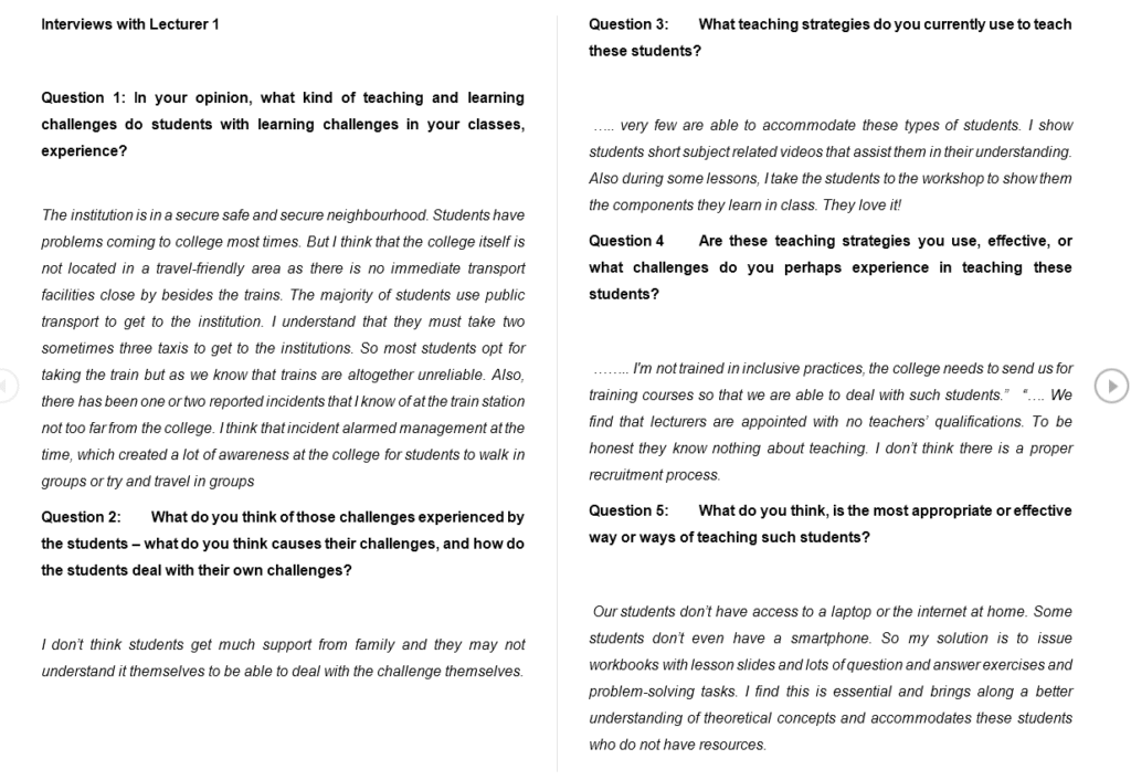 Interview transcript excerpt showing lecturer responses about teaching challenges, used for NVivo 15 coding and thematic analysis tutorial.