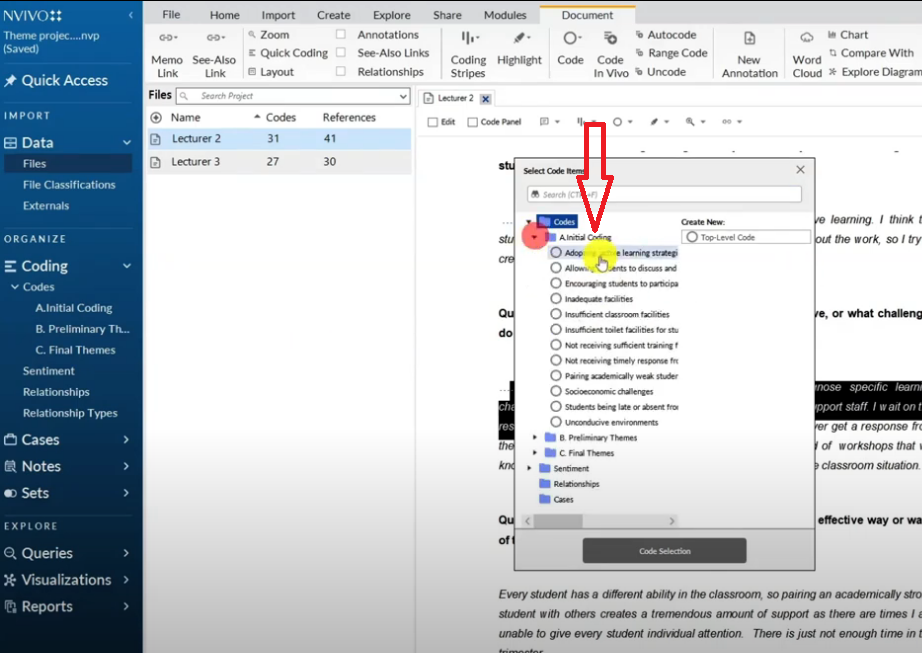NVivo coding interface showing selected initial codes during qualitative data analysis of interview transcripts.