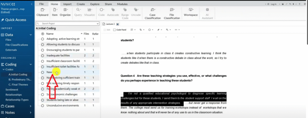 Applying initial coding in NVivo with highlighted interview transcript text and new code creation in progress.