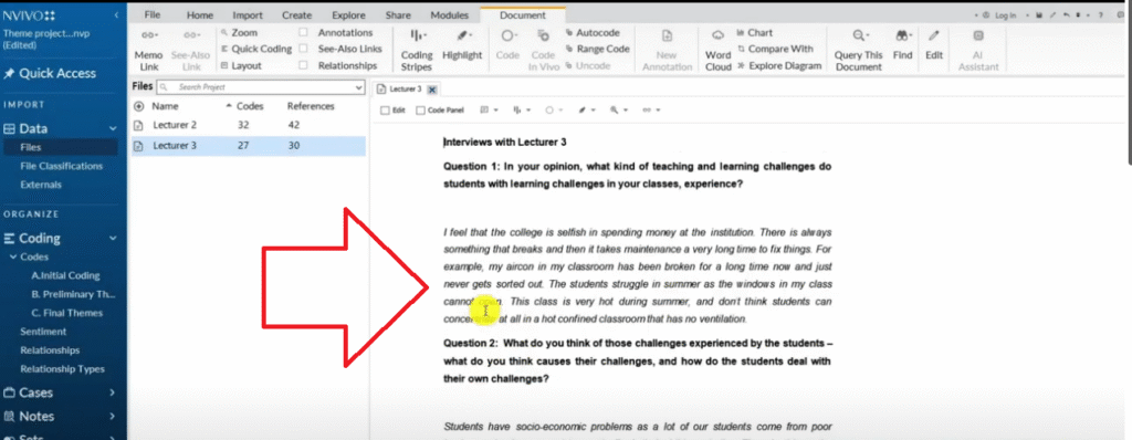 Interview transcript displayed in NVivo showing qualitative data from Lecturer 3 with questions and coded responses
