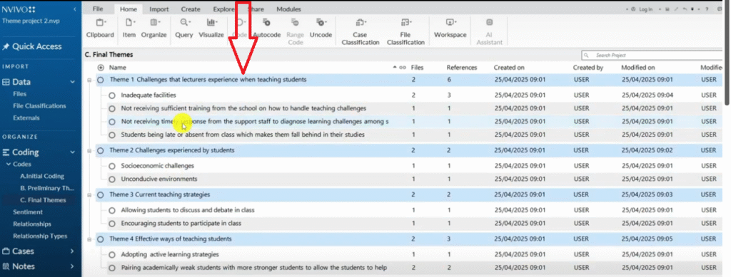 NVivo interface showing final themes and subthemes from qualitative data analysis with highlighted coding structure.