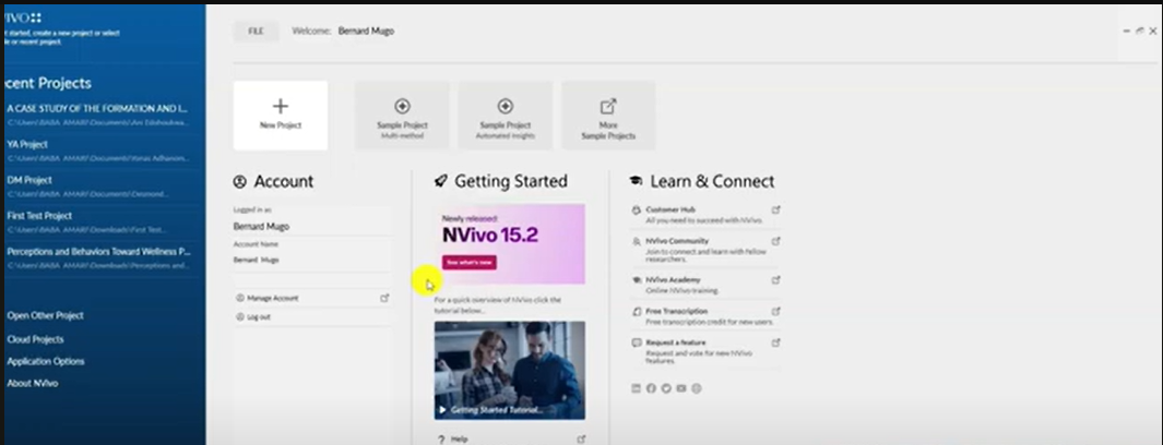 N-Vivo 15.2 home screen showing project options, sample projects, and getting started tutorial.