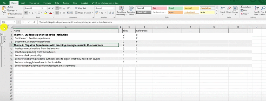 Excel sheet showing themes and sub themes from Braun and Clarke’s reflexive thematic analysis using N-Vivo.