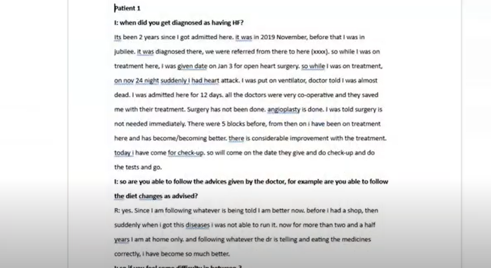 Interview transcript excerpt showing patient narrative for Braun and Clarke reflexive thematic analysis using NVivo.
