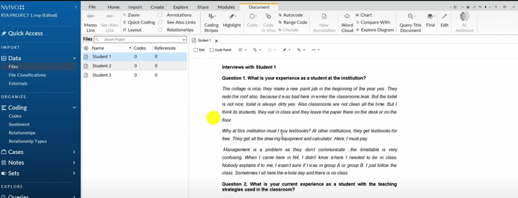 Student interview transcript displayed in N-Vivo for coding in reflexive thematic analysis using Braun and Clarke’s approach.