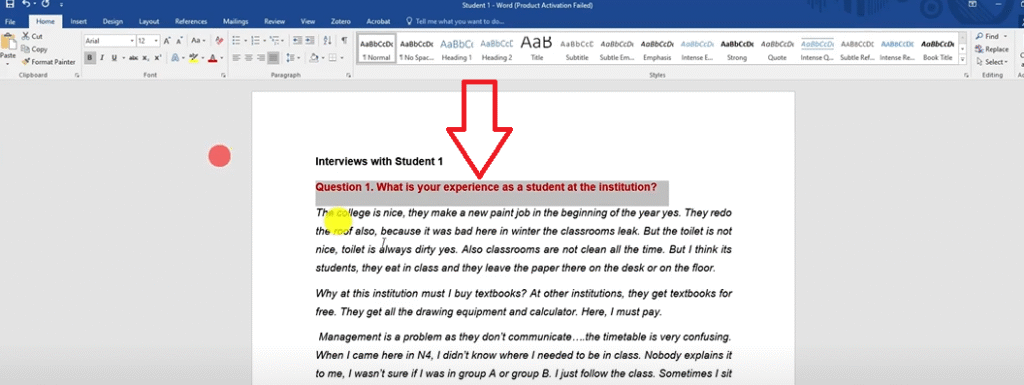 Highlighted interview question in Microsoft Word document used for reflexive thematic analysis in NVivo displaying color coded question.