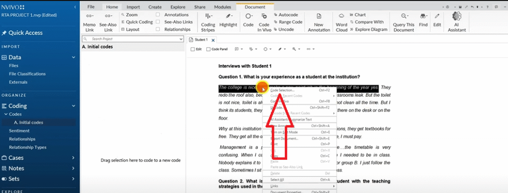 Coding a student interview excerpt in N-Vivo using Braun and Clarke’s reflexive thematic analysis approach.