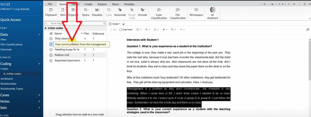 Initial codes created in NVivo for reflexive thematic analysis, showing code names, files, and timestamps.