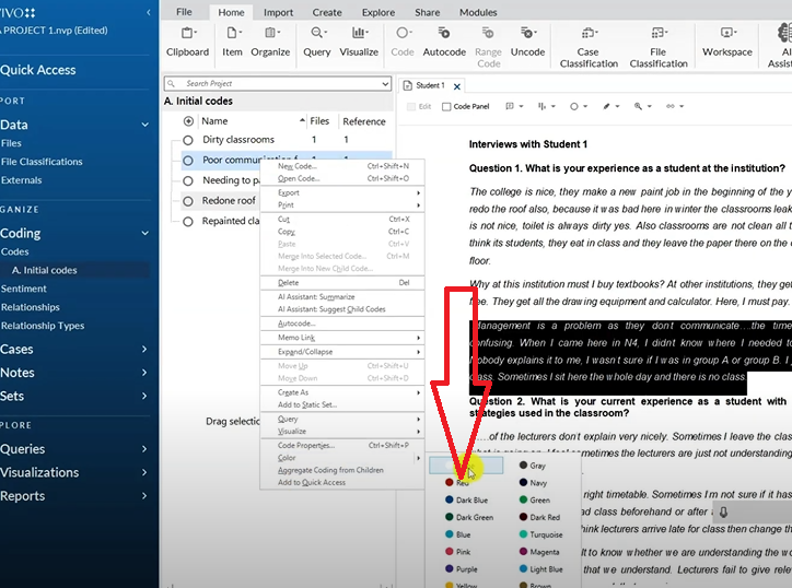 NVivo interface showing right-click code options including color in reflexive thematic analysis.