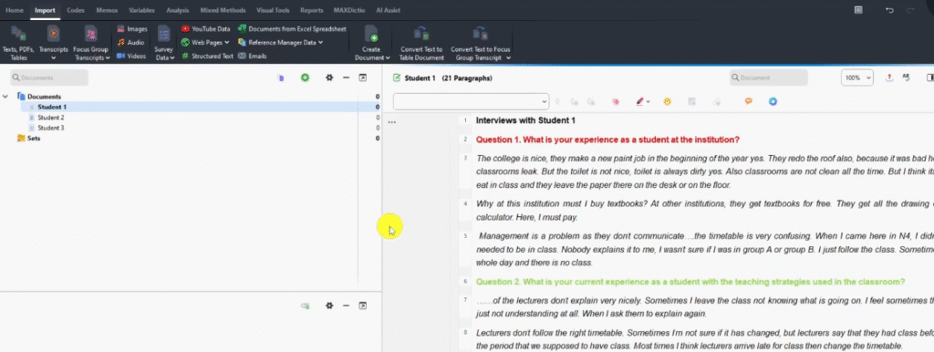 MAXQDA document browser displaying coded interview transcript for reflexive thematic analysis