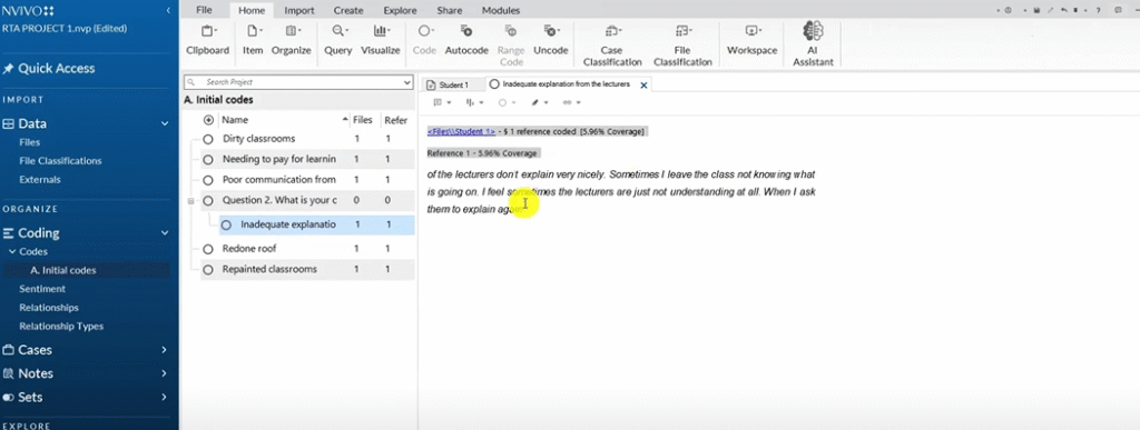 N-Vivo view showing coded reference linked to “Inadequate explanation from lecturers” in reflexive thematic analysis.