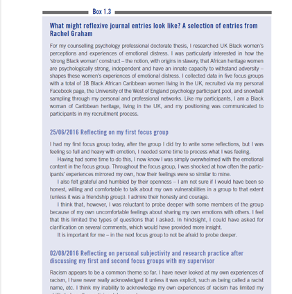 Reflexive journal entries excerpt from Rachel Graham used in Braun and Clarke thematic analysis with NVivo.