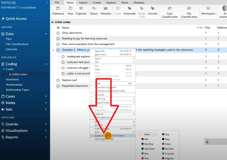 N-Vivo interface showing right-click code options including aggregation from children in reflexive thematic analysis.