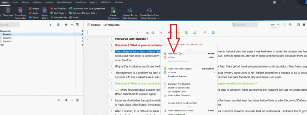 Creating a new code in MAXQDA from highlighted text during reflexive thematic analysis