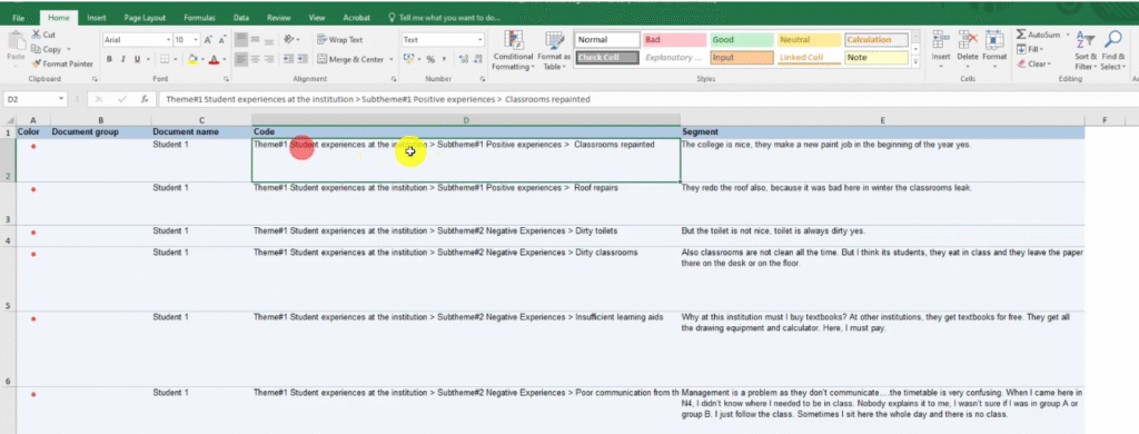Exported MAXQDA code book in Excel showing themes, sub themes, and coded segments for reflexive thematic analysis