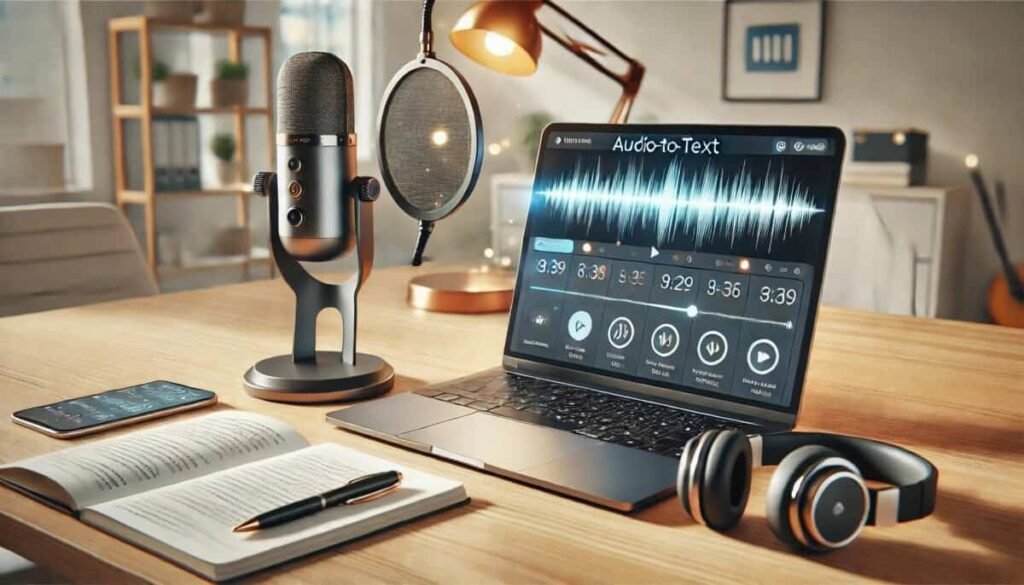 Audio transcription in progress on a laptop