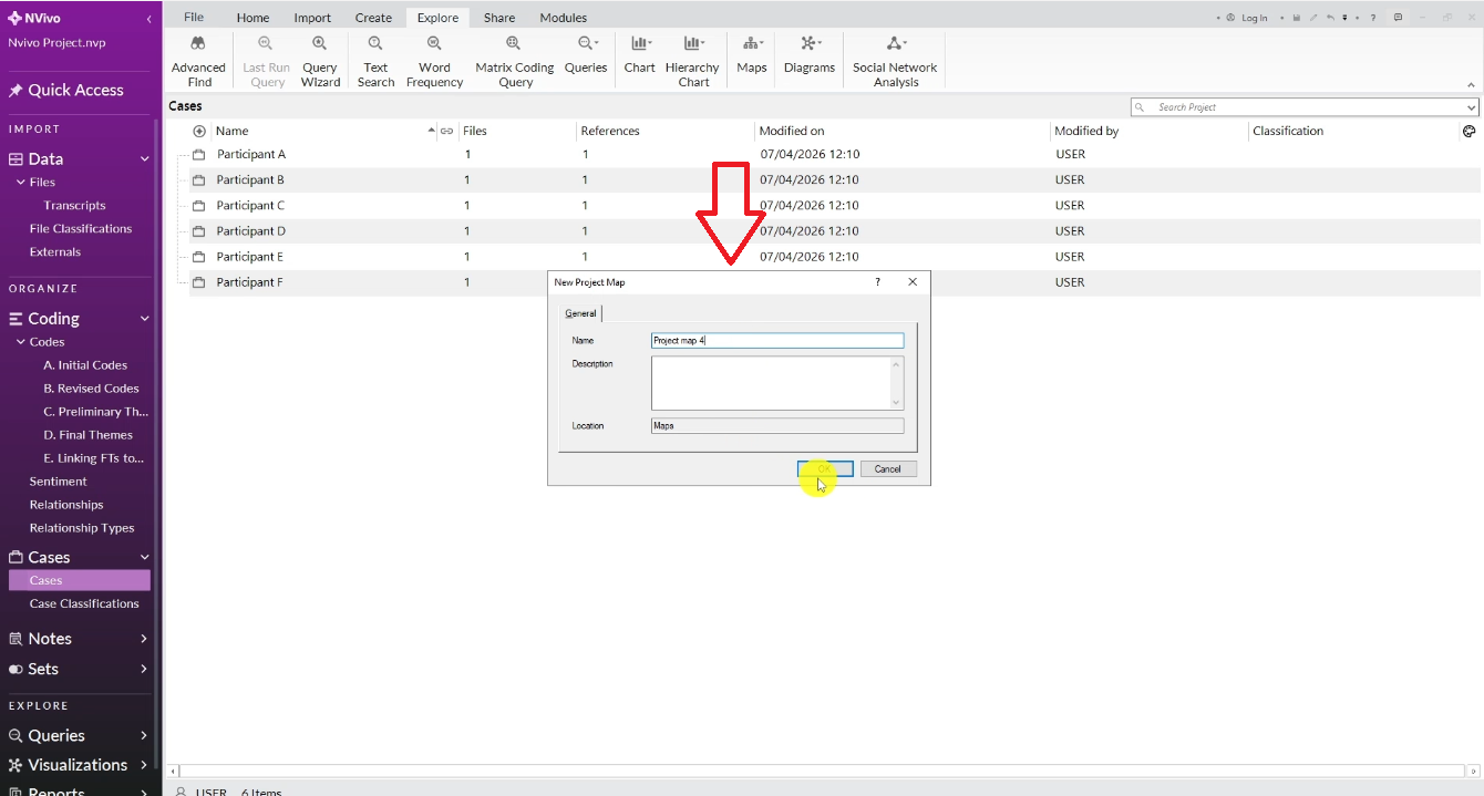  Creating a new project map in NVivo after thematic analysis