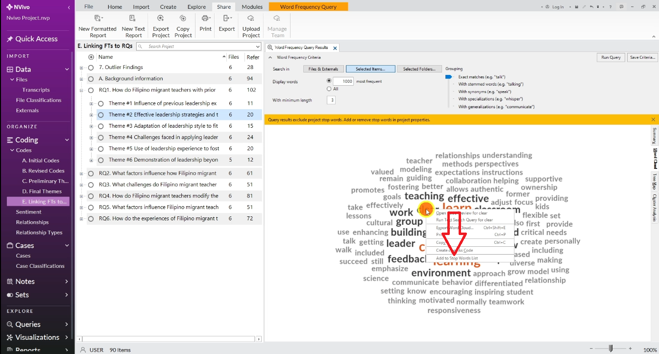 Removing stop words from NVivo word cloud to clean and refine the visualization