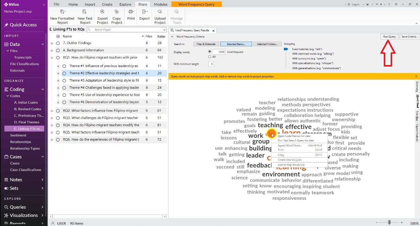 Run Query button in NVivo to regenerate word cloud after removing stop words