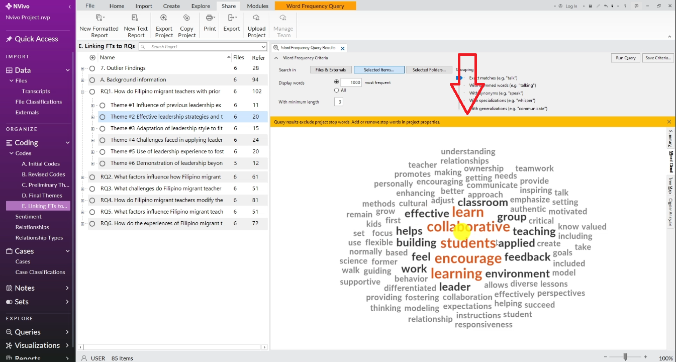 Clean NVivo word cloud after stop words removed, exported as JPEG for dissertation findings chapter