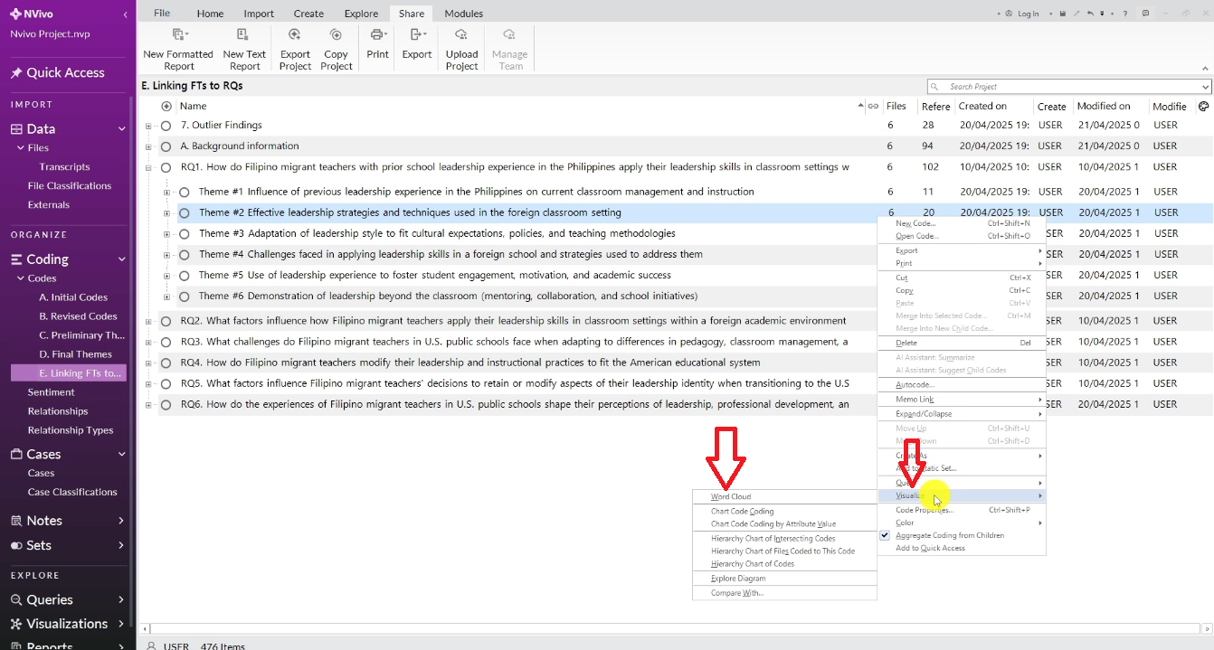 Right-clicking a theme in NVivo to access the word cloud visualization option