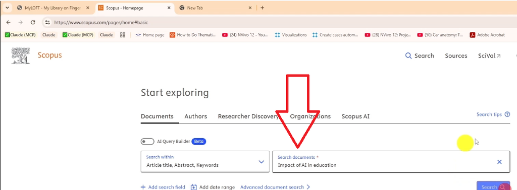 Scopus document search box with the query "Impact of AI in education" entered