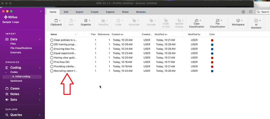 Screenshot of the Codes section in NVivo for Mac displaying the initial codes from first-cycle coding.