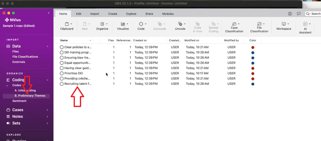 Screenshot showing codes grouped visually to identify clusters of shared meaning before theming.