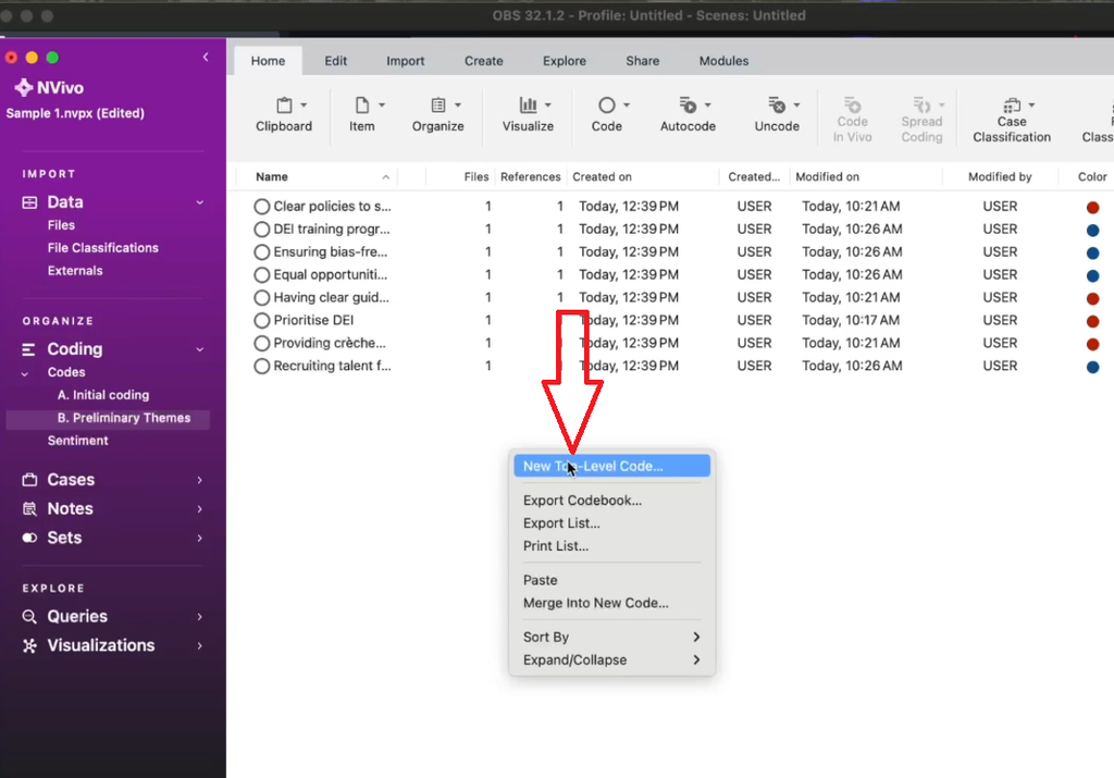 Screenshot of the right-click menu in NVivo’s Codes panel with “New Top Level Code” selected to create a theme container.