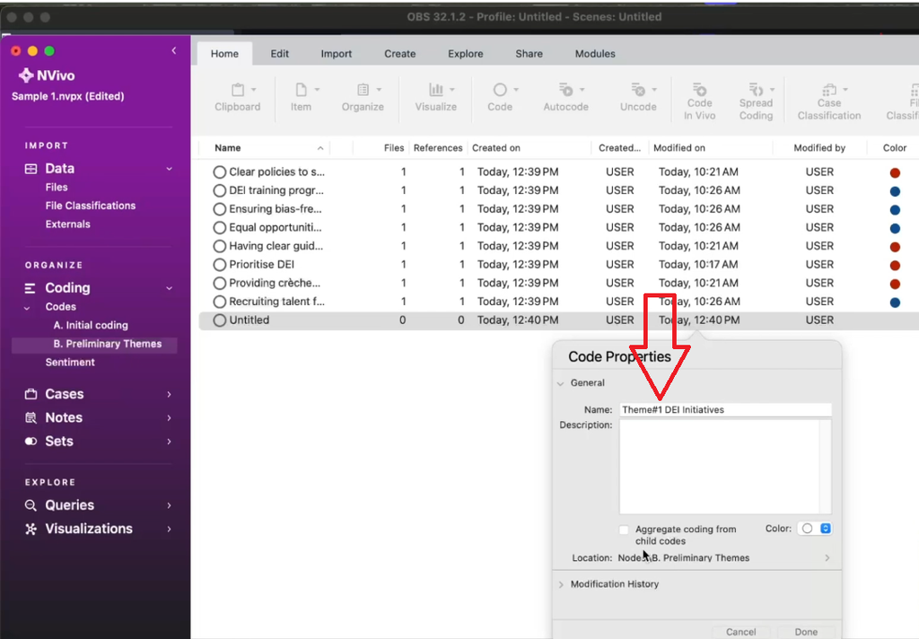 Screenshot showing a newly created theme node being named, e.g. “DEI Initiatives.”