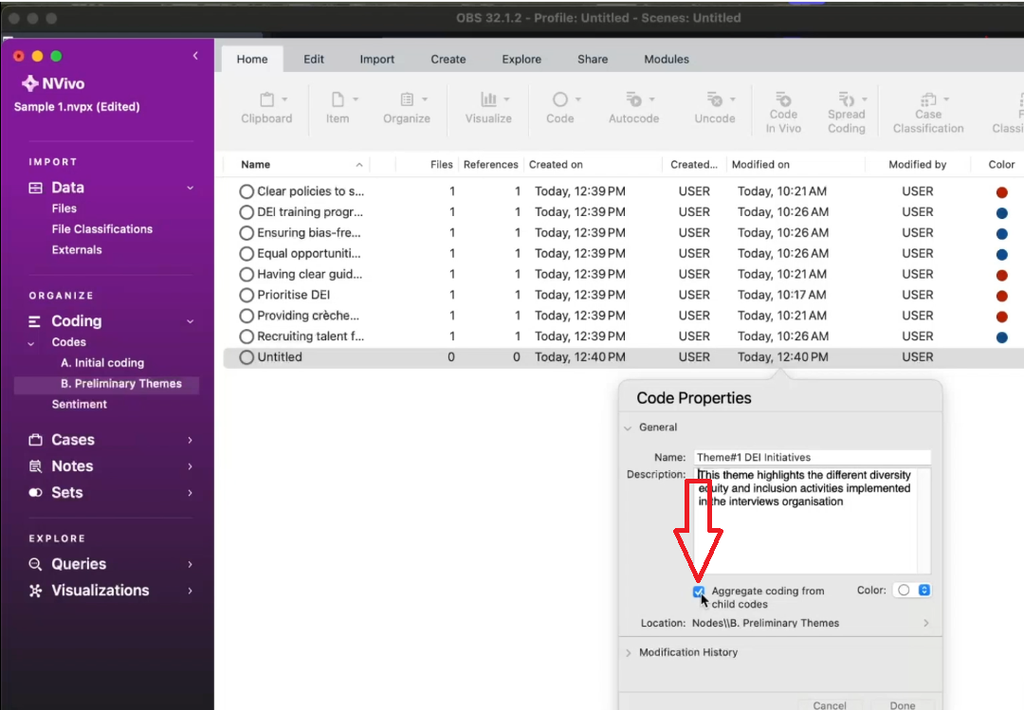 Screenshot of the “Aggregate coding from children” checkbox in NVivo for Mac, used so a theme reflects all coded references from its sub-codes.