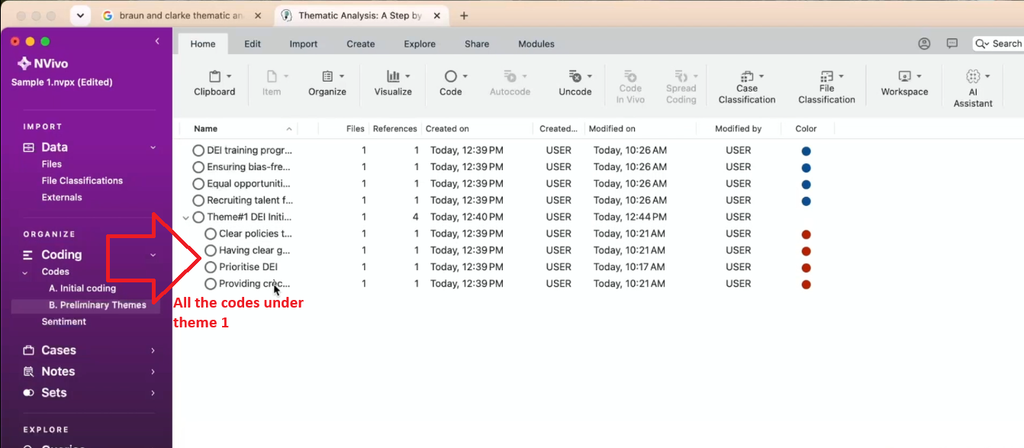 Screenshot showing codes successfully dragged and nested beneath a preliminary theme.