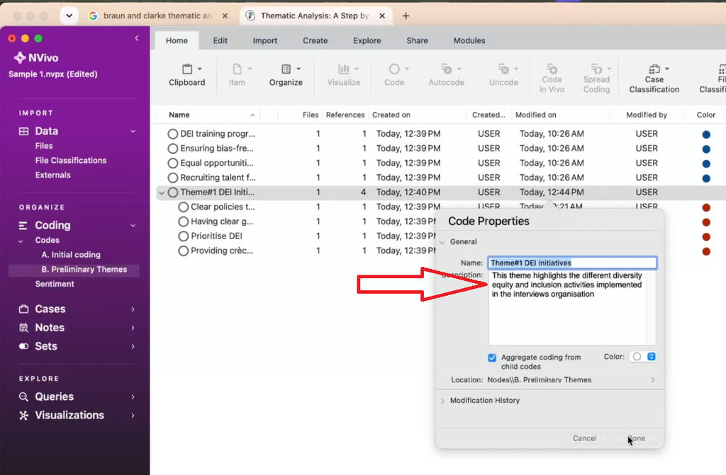 Screenshot of the description field in NVivo where a theme’s meaning and scope are written out for the codebook.