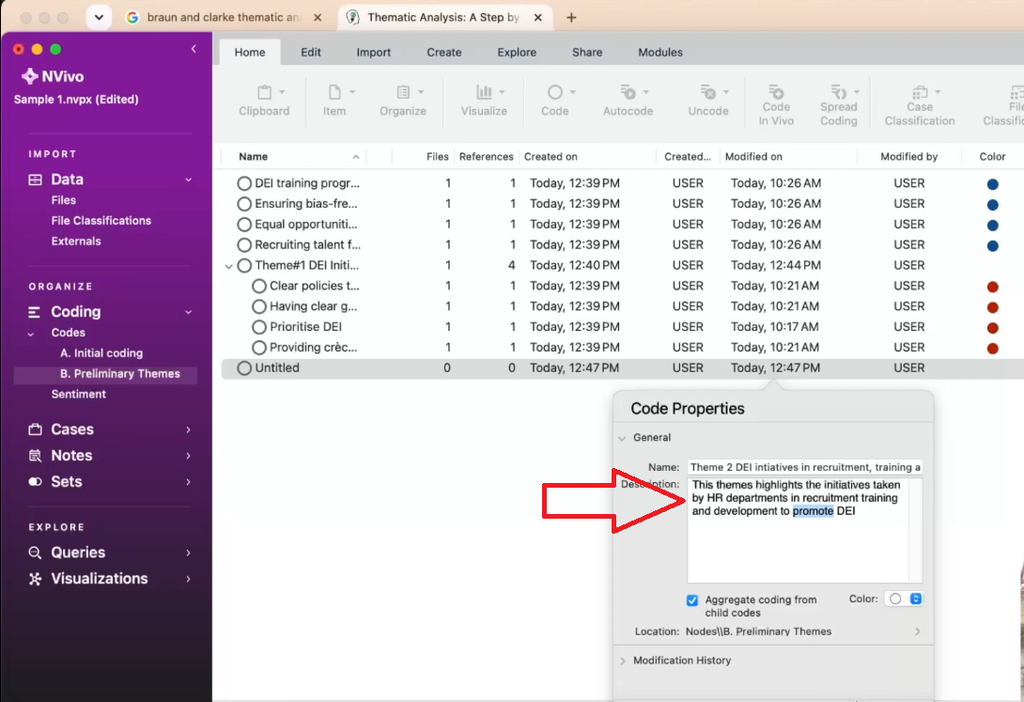 Writing a theme description in NVivo for Mac