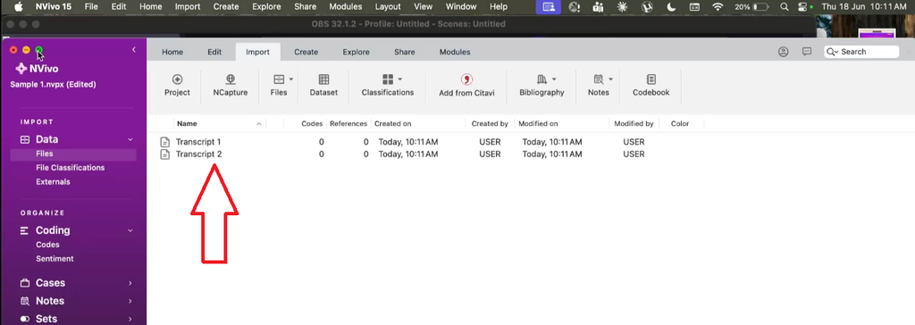 NVivo for Mac files panel showing two imported interview transcripts ready to open