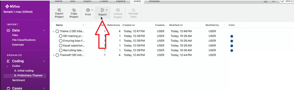 Screenshot of the export format selection dialog before generating the codebook document.