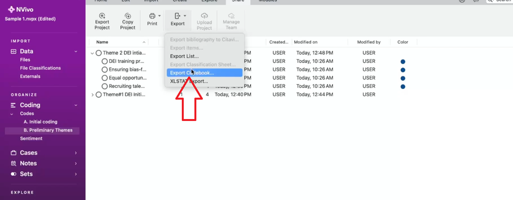 Screenshot of the export format selection dialog before generating the codebook document.