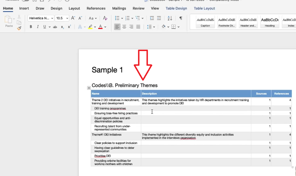Screenshot of the generated codebook document listing theme names, descriptions, and nested codes.