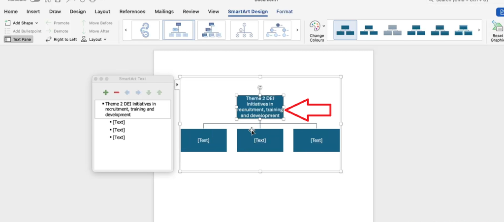 Screenshot showing a theme name typed into the top box of a SmartArt hierarchy diagram.